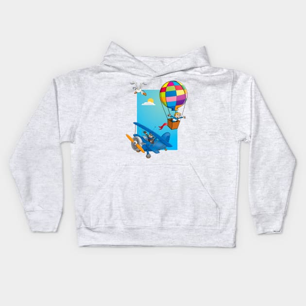 Drawing of a boy in a hot air balloon and a happy pilot in a blue airplane Kids Hoodie by Stefs-Red-Shop